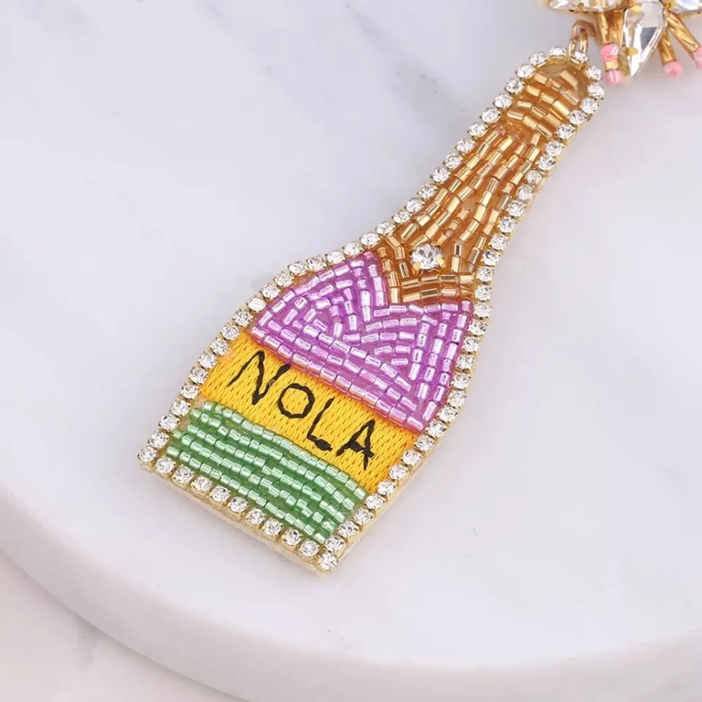 New Orleans NOLA Beaded Statement Earrings Mardi Gras Colors with Crysta… - Picture 7 of 8